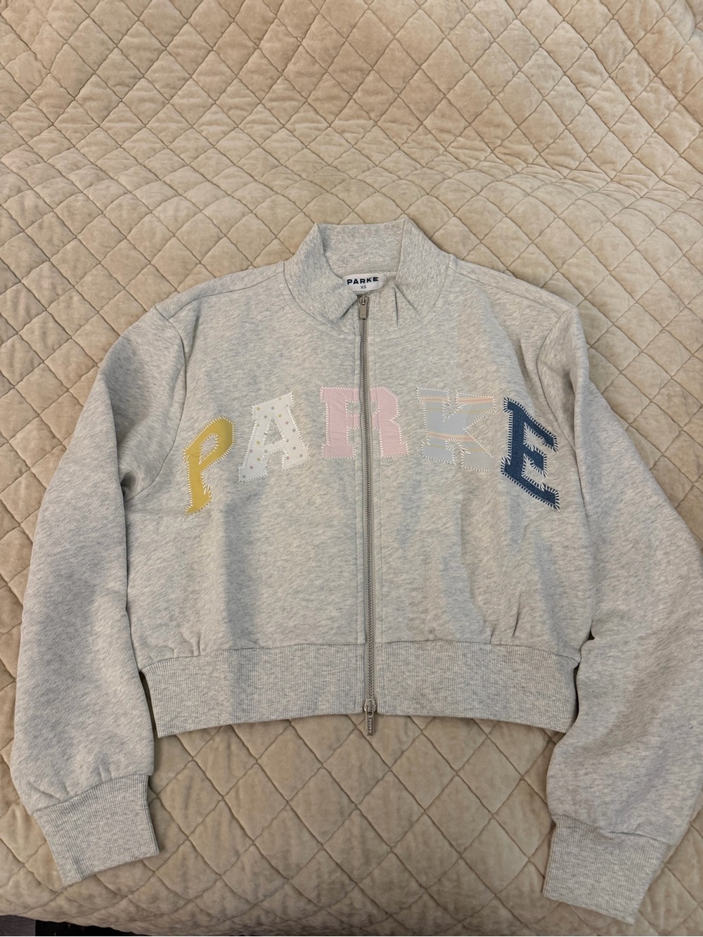 Parker Light Gray Cropped Zip Bomber with Multicolor Letter Appliqués
